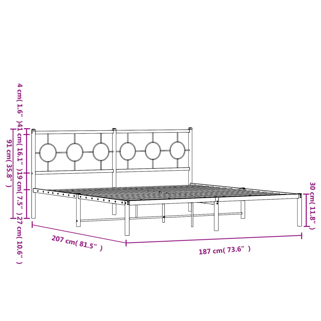 Metal Bed Frame without Mattress with Headboard Black 180x200cm