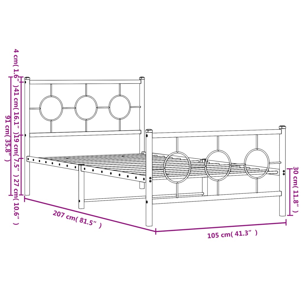 Metal Bed Frame without Mattress with Footboard Black 100x200cm