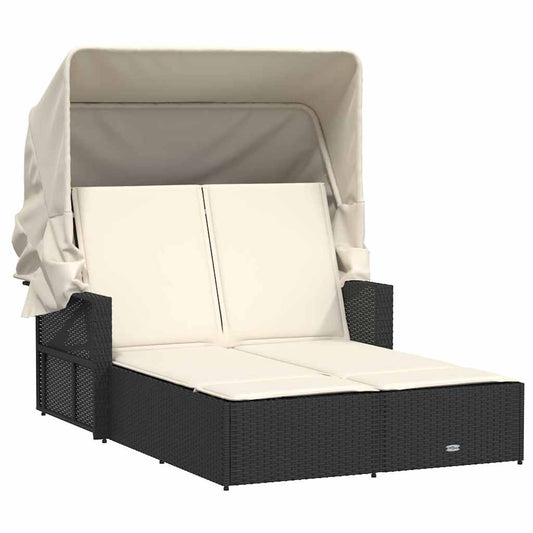 Double Sun Lounger with Canopy and Cushions Black Poly Rattan Double Sun Lounger with Canopy and Cushions Black Poly Rattan
