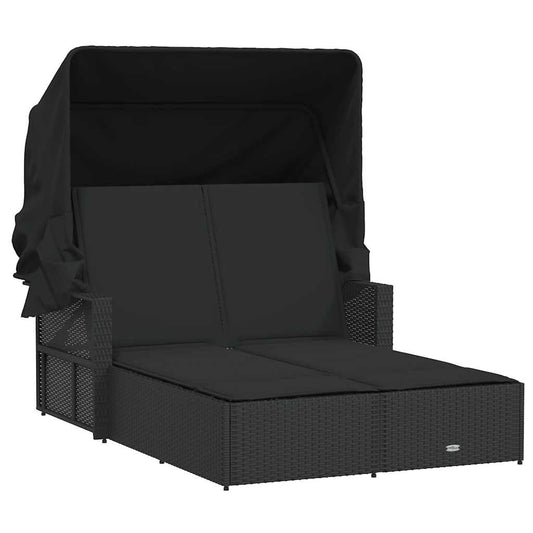 Double Sun Lounger with Canopy and Cushions Black Poly Rattan Double Sun Lounger with Canopy and Cushions Black Poly Rattan