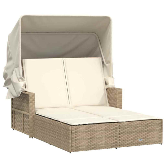 Double Sun Lounger with Canopy and Cushions Beige Poly Rattan Double Sun Lounger with Canopy and Cushions Beige Poly Rattan