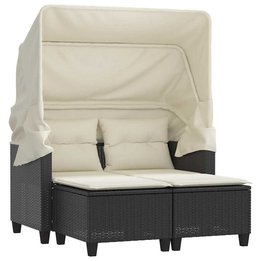 Garden Sofa 2-Seater with Canopy and Stools Black Poly Rattan Garden Sofa 2-Seater with Canopy and Stools Black Poly Rattan