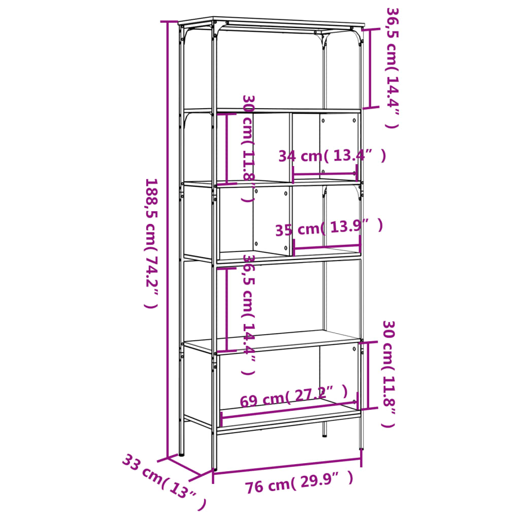 Bookcase 5-Tier Smoked Oak 76x33x188,5 cm Engineered Wood