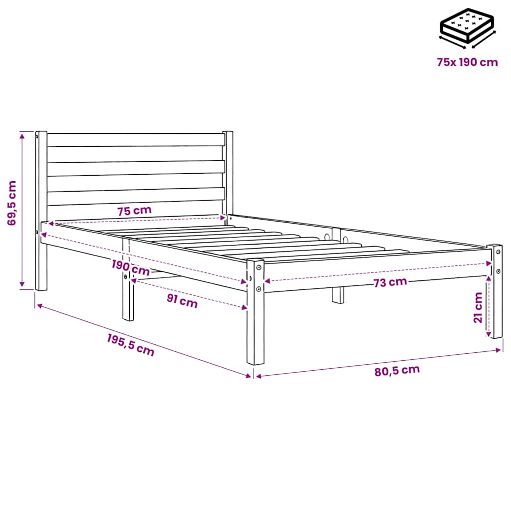 Bed Frame without Mattress Wax Brown 75x190 cm Solid Wood Pine