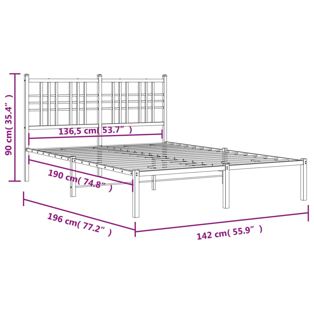 Metal Bed Frame without Mattress with Headboard Black 137x190cm