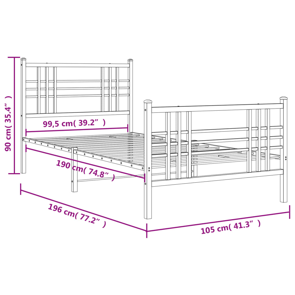 Metal Bed Frame without Mattress with Footboard Black 100x190cm