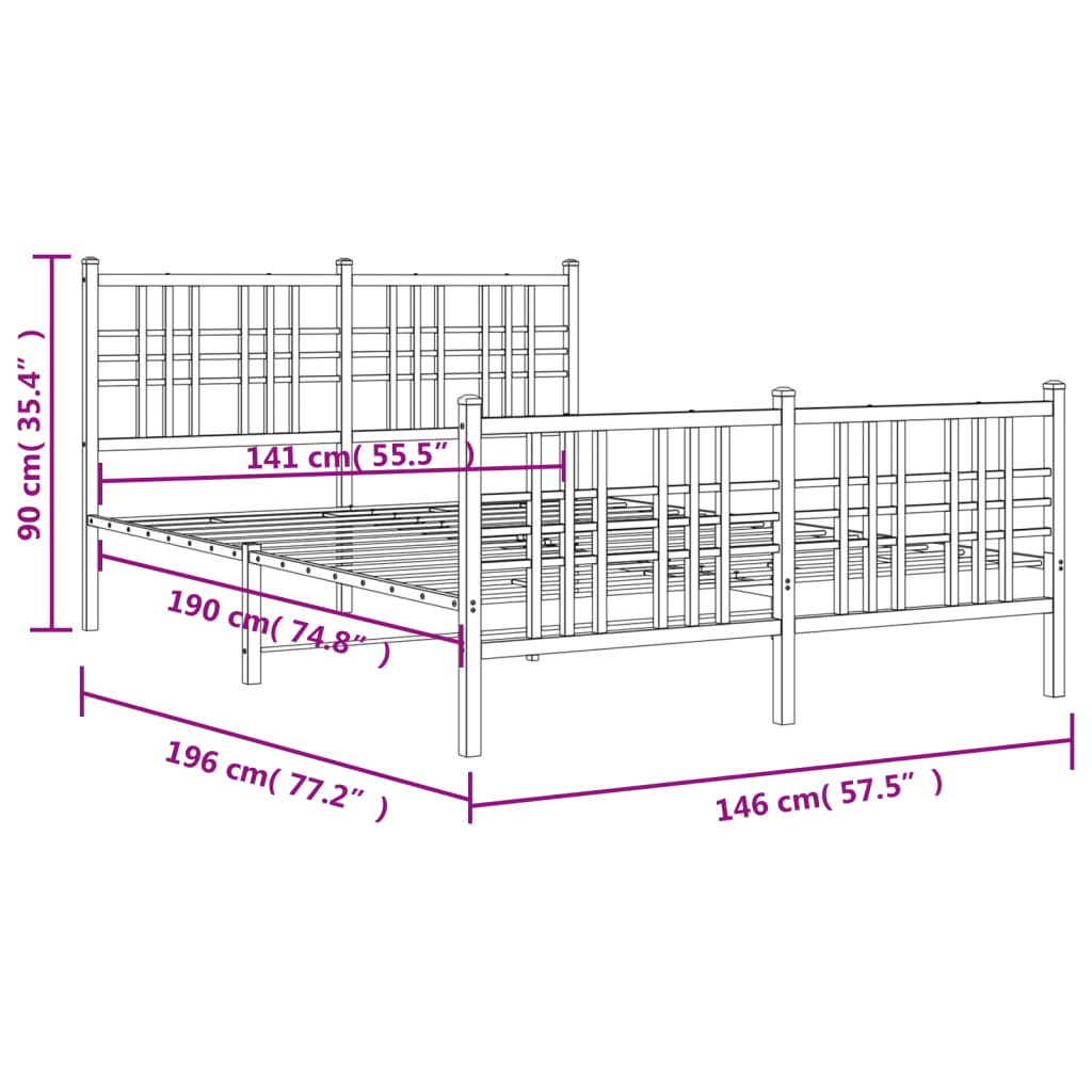 Metal Bed Frame without Mattress with Footboard Black 140x190cm