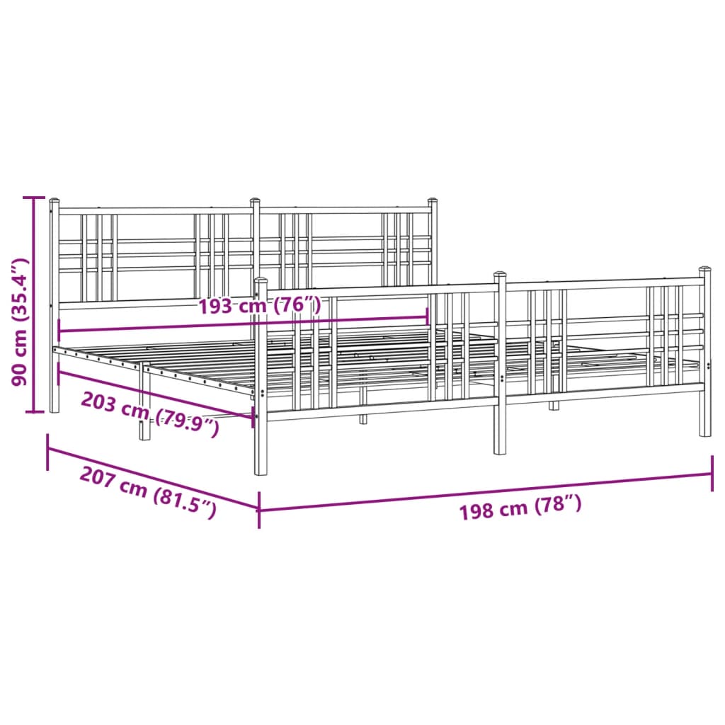 Metal Bed Frame without Mattress with Footboard Black 193x203cm