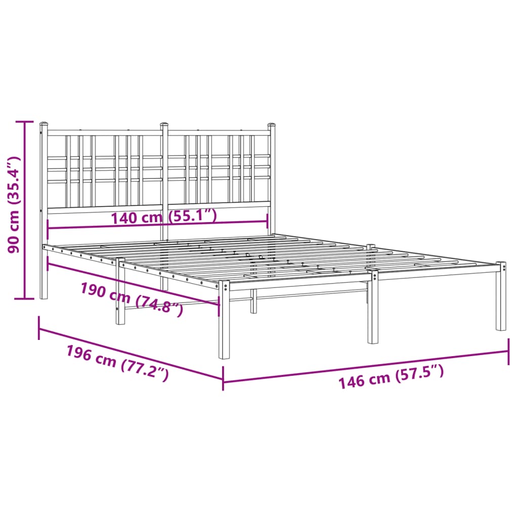 Metal Bed Frame without Mattress with Headboard White 140x190cm