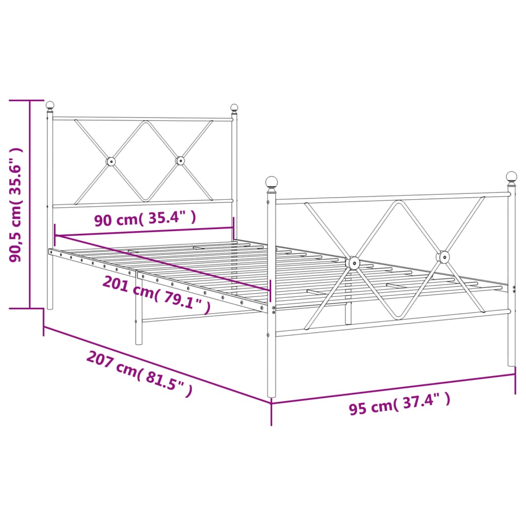 Metal Bed Frame without Mattress with Footboard Black 90x200cm