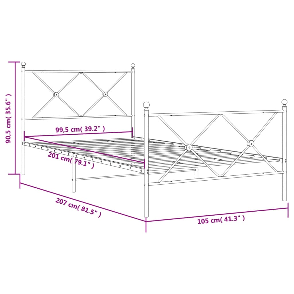 Metal Bed Frame without Mattress with Footboard Black 100x200cm