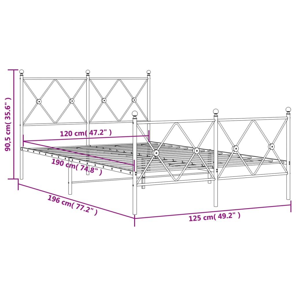 Metal Bed Frame without Mattress with Footboard Black 120x190cm