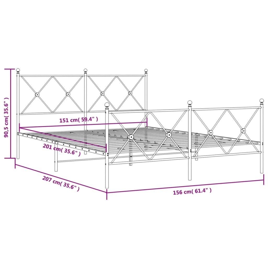 Metal Bed Frame without Mattress with Footboard Black 150x200cm