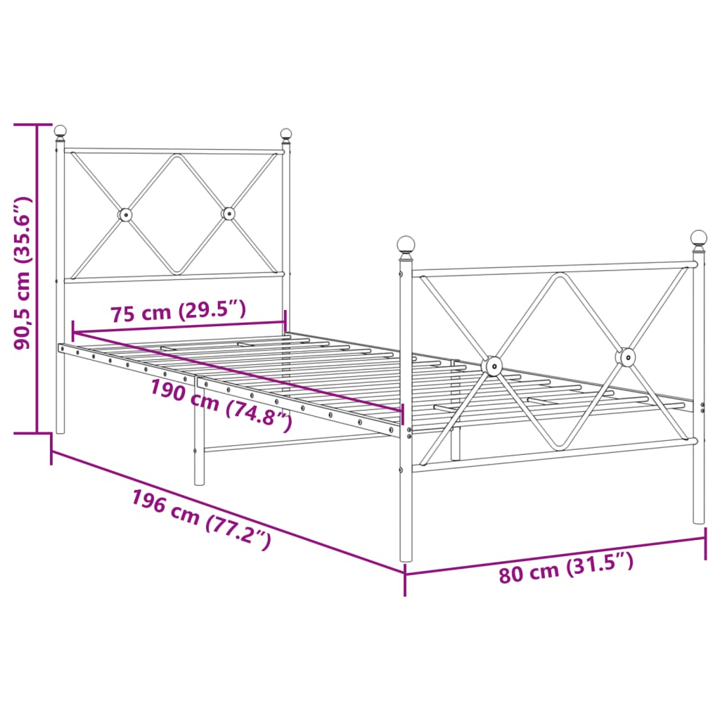 Metal Bed Frame without Mattress with Footboard White 75x190cm