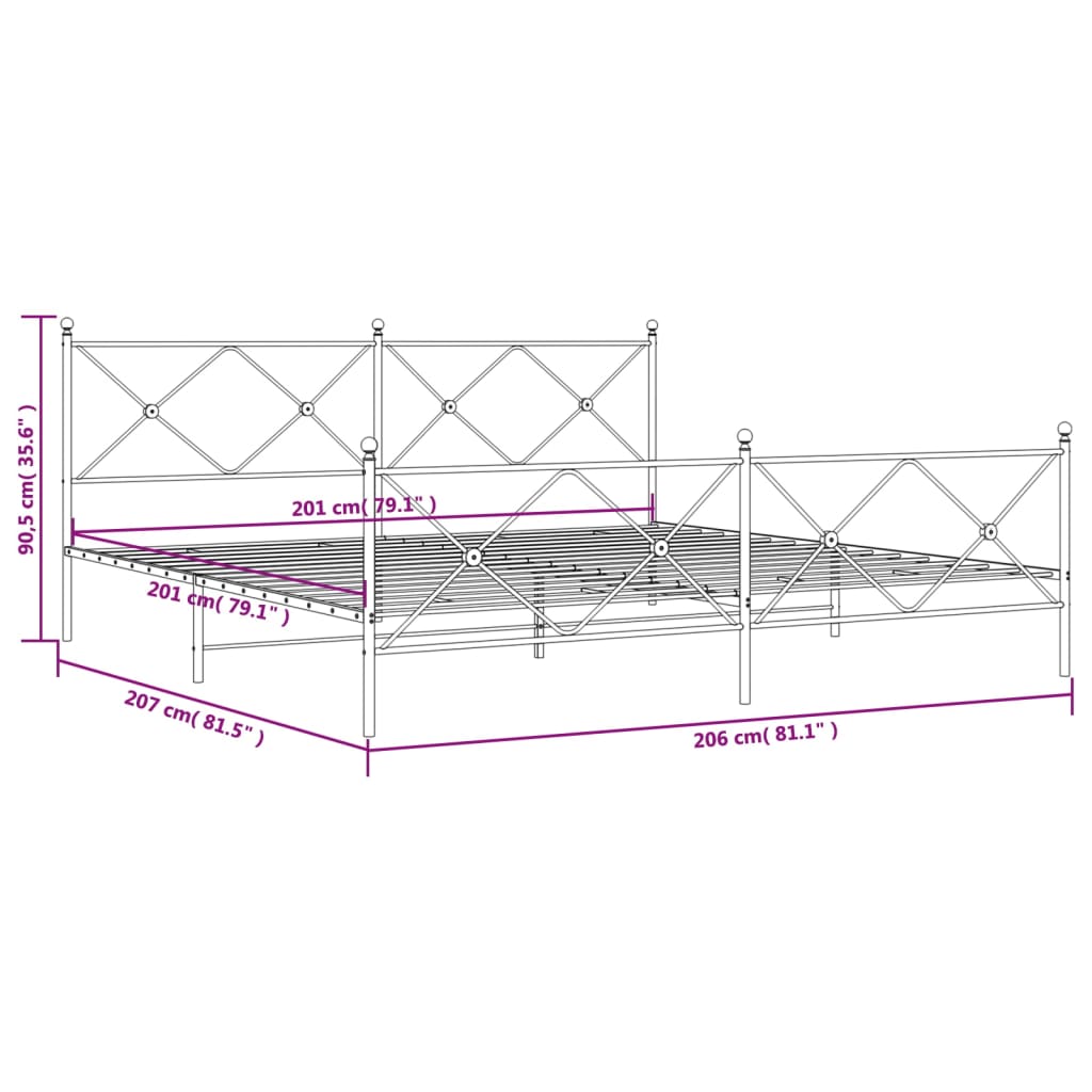 Bed Frame | White | Steel | 200x200 cm | Bed Frame | Rectangular