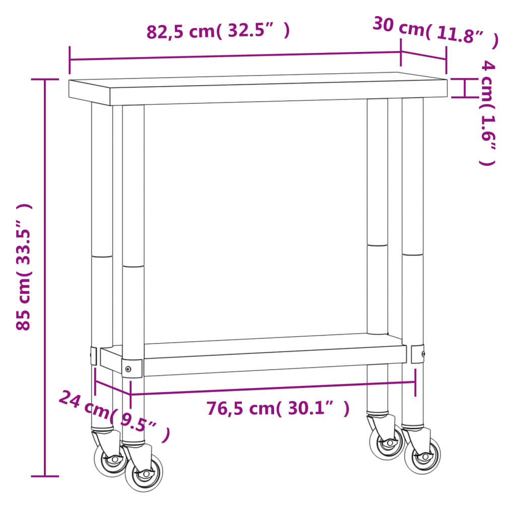Kitchen Work Table with Wheels 82,5x30x85 cm Stainless Steel