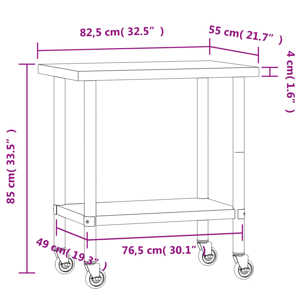 Kitchen Work Table with Wheels 82,5x55x85 cm Stainless Steel
