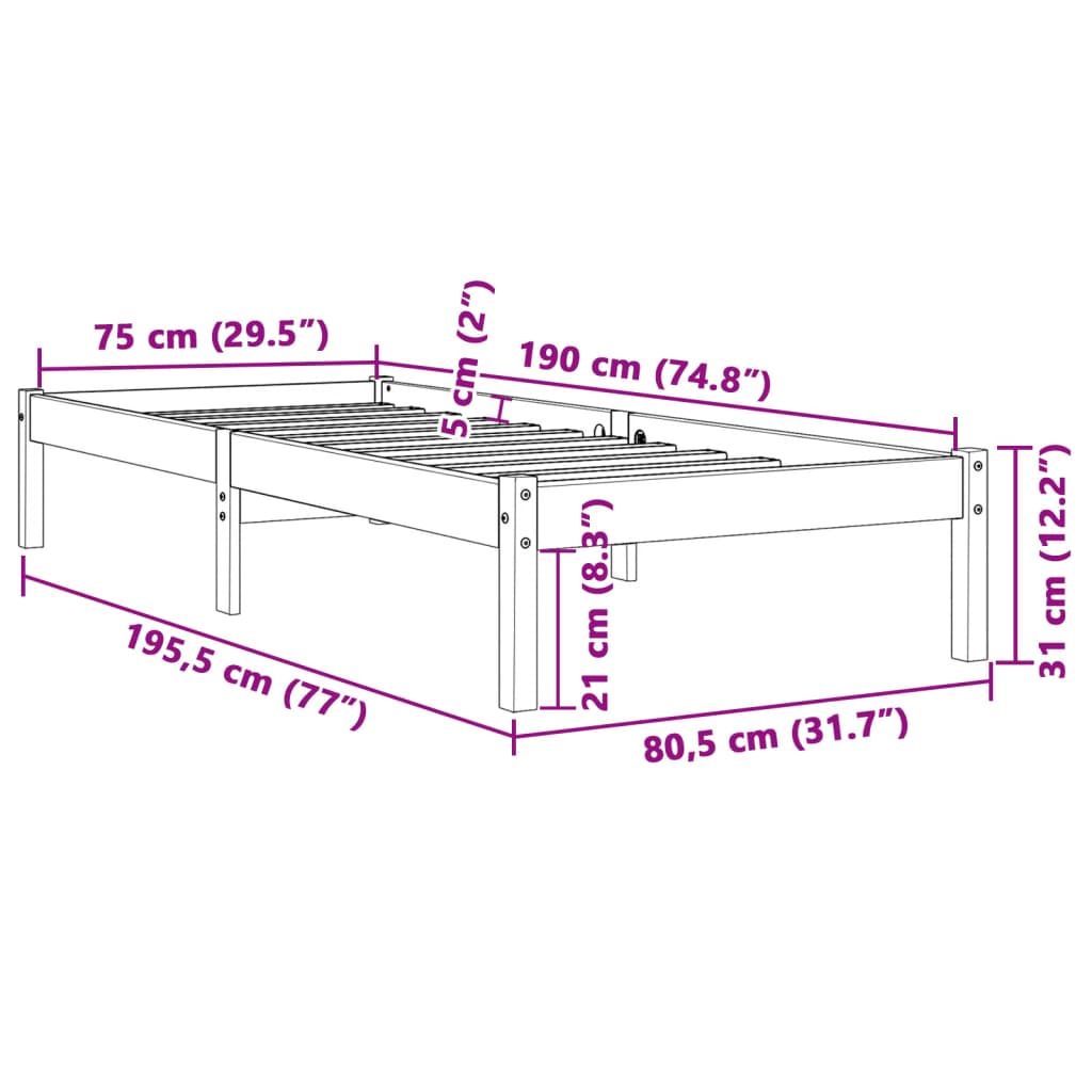 Bed Frame without Mattress Wax Brown 75x190 cm Solid Wood Pine
