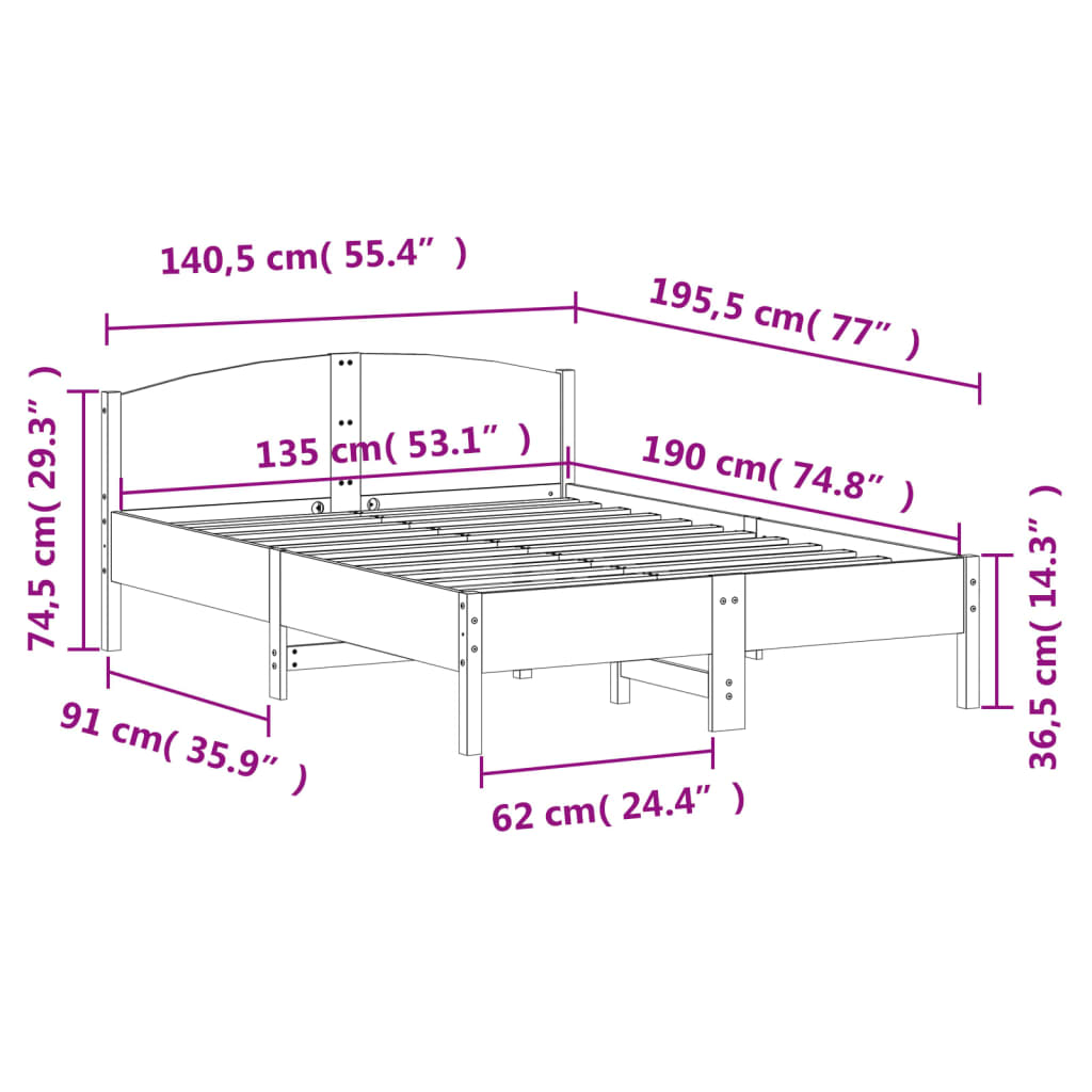 Bed Frame without Mattress White 135x190 cm Solid Wood Pine