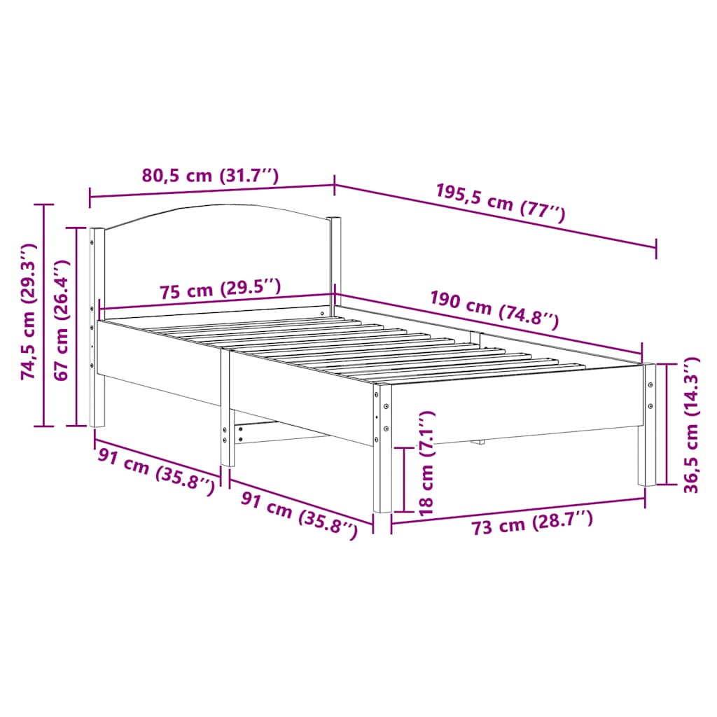 Bed Frame without Mattress Wax Brown 75x190 cm Solid Wood Pine