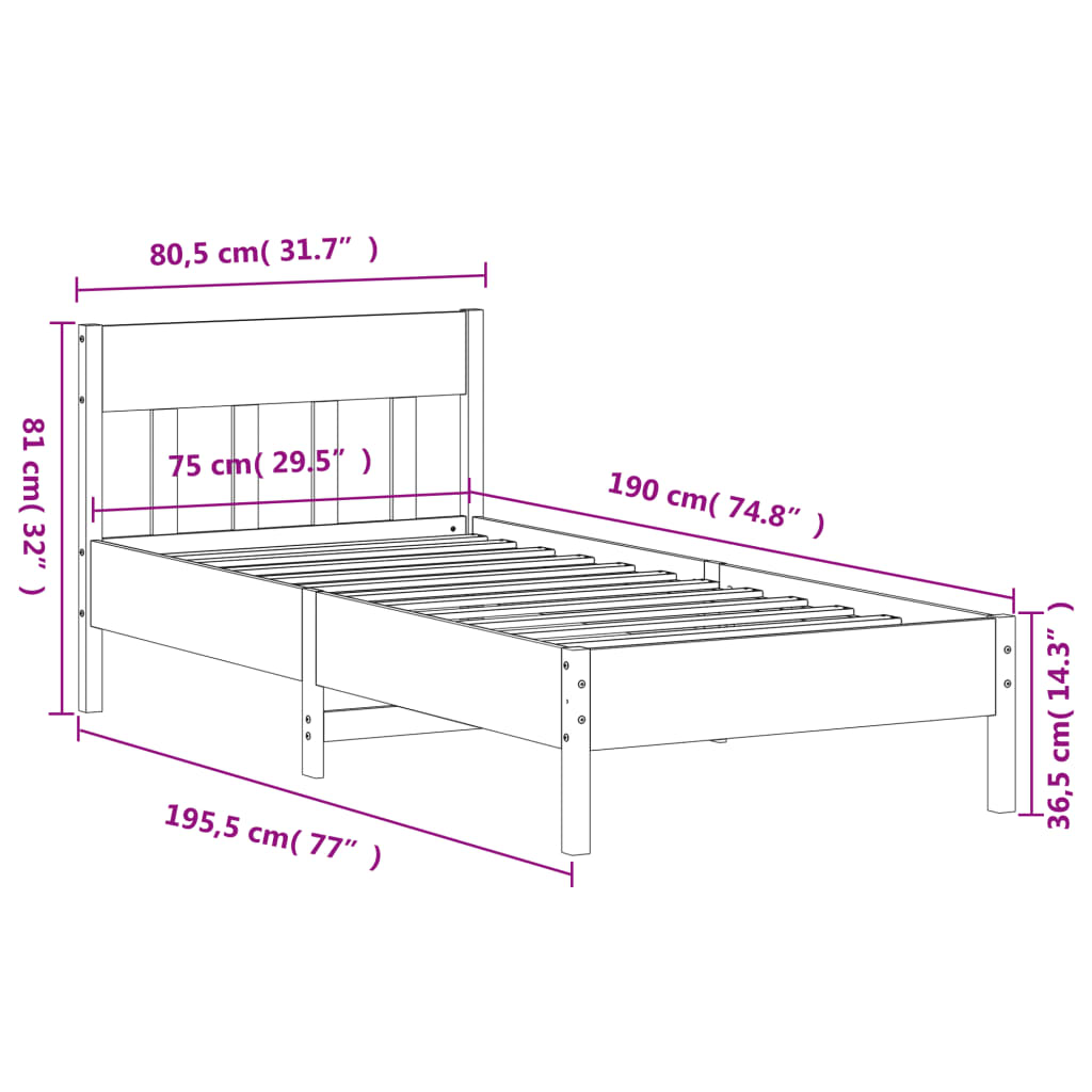 Bed Frame without Mattress White 75x190 cm Solid Wood Pine