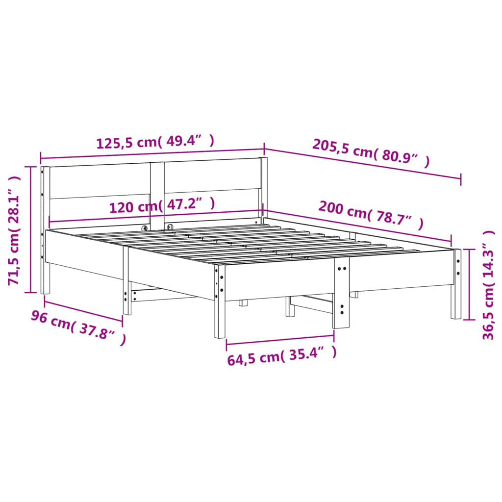 Bed Frame without Mattress 120x200 cm Solid Wood Pine