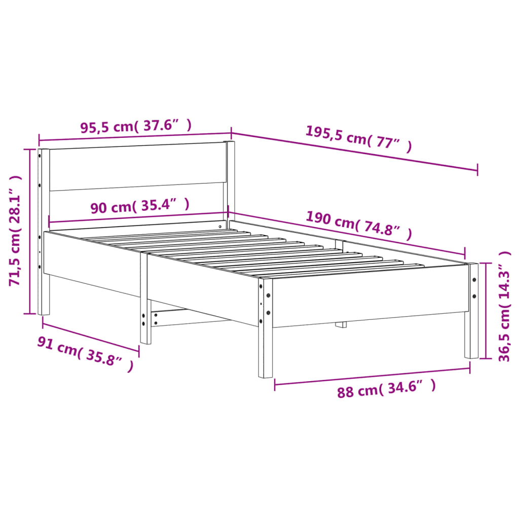 Bed Frame without Mattress White 90x190 cm Solid Wood Pine