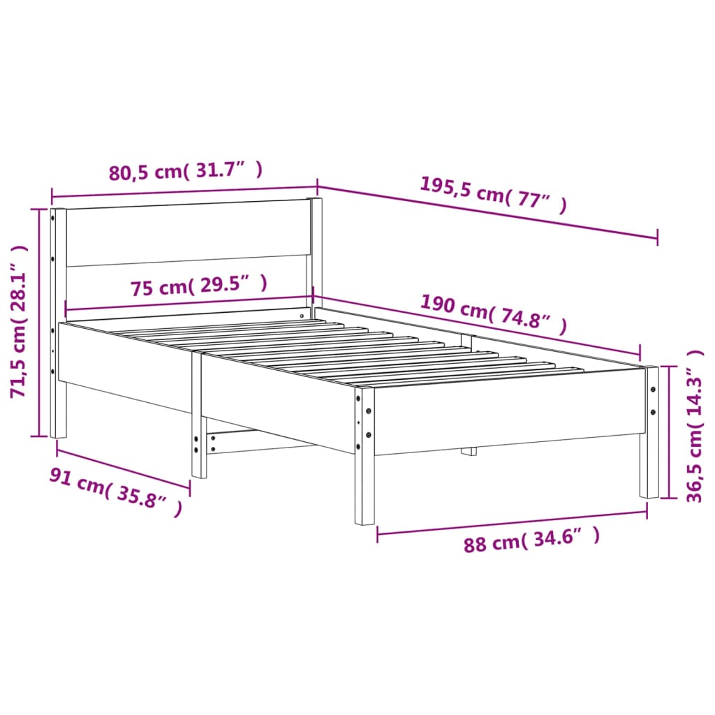 Bed Frame without Mattress White 75x190 cm Solid Wood Pine
