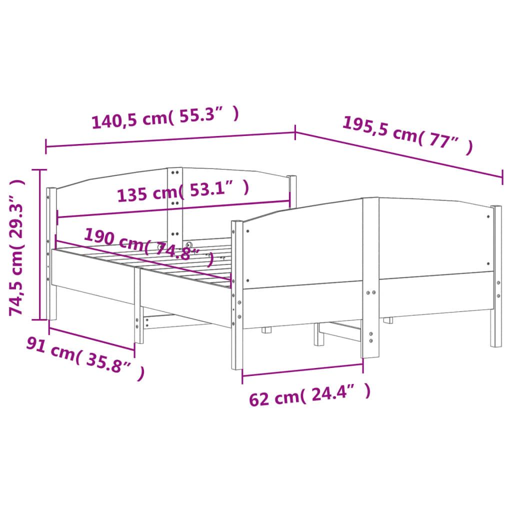 Bed Frame without Mattress White 135x190 cm Solid Wood Pine