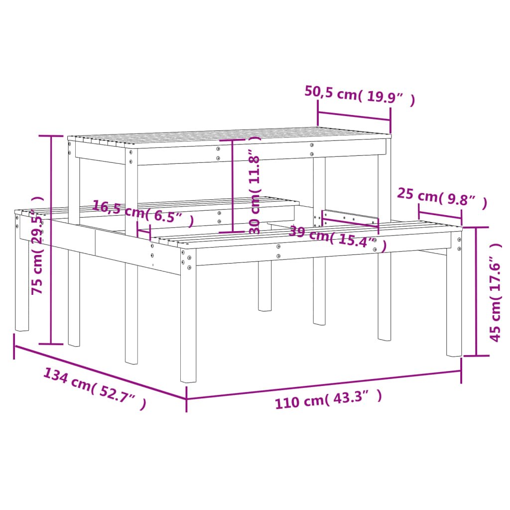 Picnic Table White 110x134x75 cm Solid Wood Pine