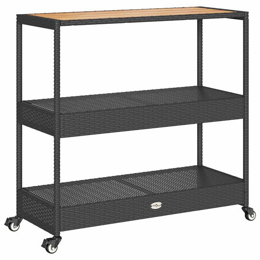 Bar Cart 3-Tier Black Poly Rattan and Solid Wood Acacia Bar Cart 3-Tier Black Poly Rattan and Solid Wood Acacia