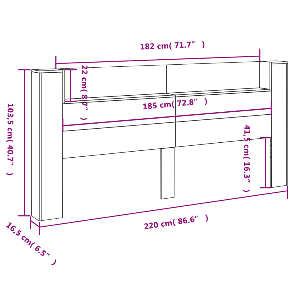 Headboard Cabinet with LED Brown Oak 220x16.5x103.5 cm
