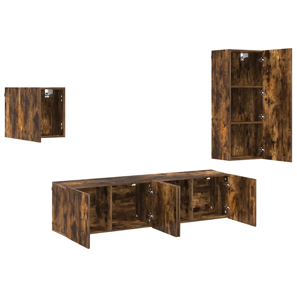 4 Piece TV Wall Units Smoked Oak Engineered Wood