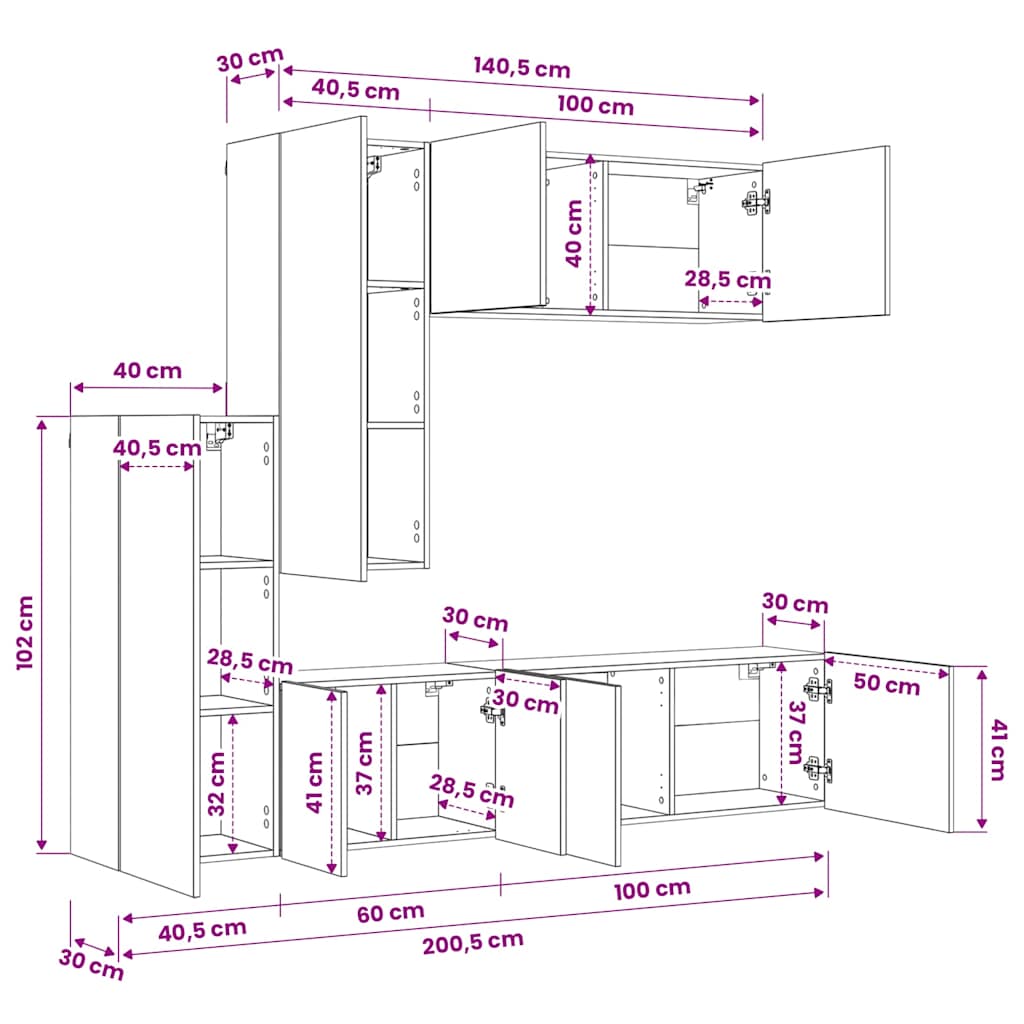 5 Piece TV Wall Units White Engineered Wood