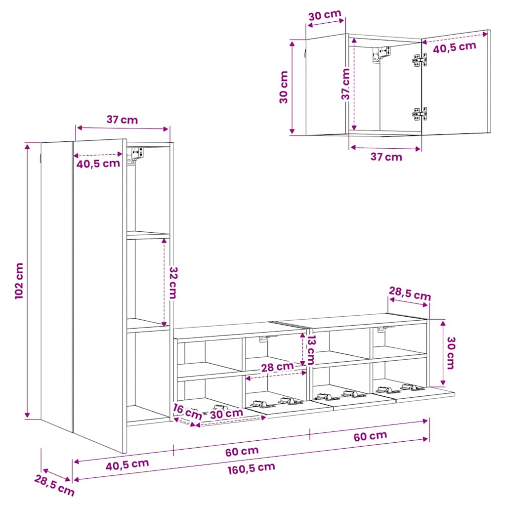 4 Piece TV Wall Units White Engineered Wood