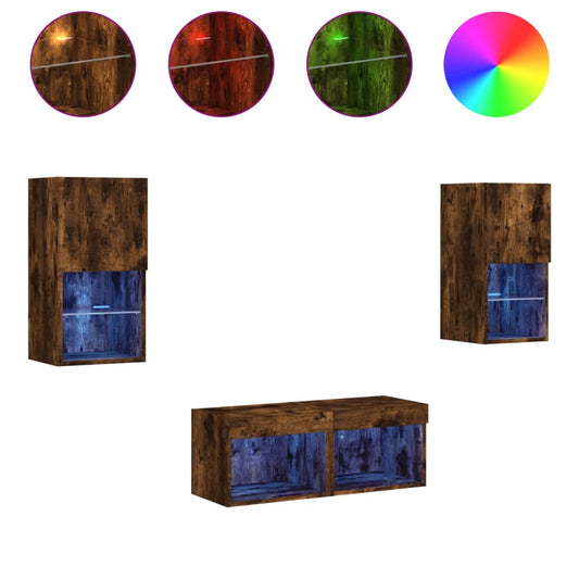 4 Piece TV Wall Cabinets with LED Lights Smoked Oak 4 Piece TV Wall Cabinets with LED Lights Smoked Oak