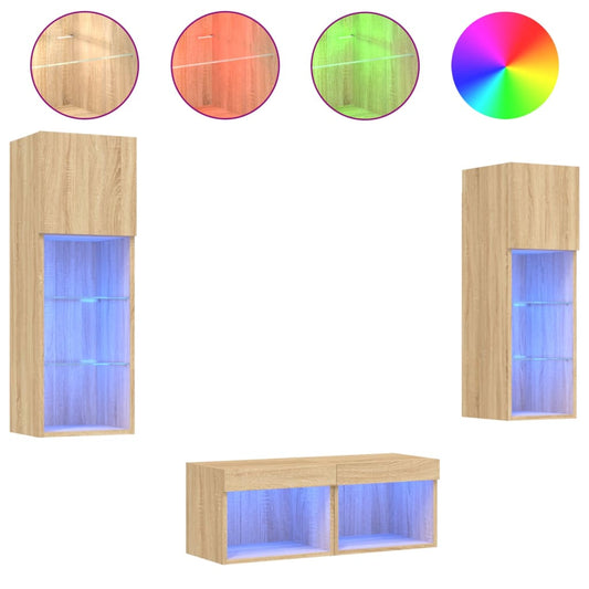 4 Piece TV Wall Cabinets with LED Lights Sonoma Oak 4 Piece TV Wall Cabinets with LED Lights Sonoma Oak