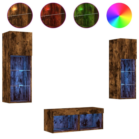 4 Piece TV Wall Cabinets with LED Lights Smoked Oak 4 Piece TV Wall Cabinets with LED Lights Smoked Oak