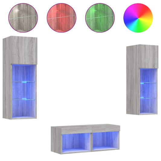 4 Piece TV Wall Cabinets with LED Lights Grey Sonoma 4 Piece TV Wall Cabinets with LED Lights Grey Sonoma