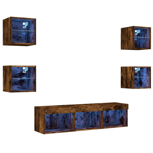 7 Piece TV Wall Units with LED Smoked Oak Engineered Wood 7 Piece TV Wall Units with LED Smoked Oak Engineered Wood