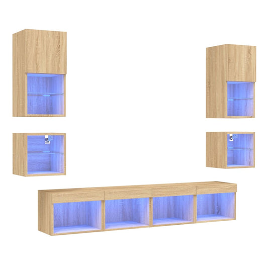 8 Piece TV Wall Units with LED Sonoma Oak Engineered Wood 8 Piece TV Wall Units with LED Sonoma Oak Engineered Wood