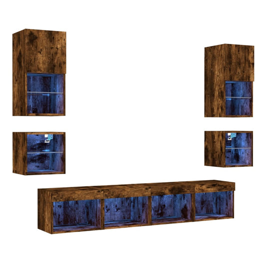 8 Piece TV Wall Units with LED Smoked Oak Engineered Wood 8 Piece TV Wall Units with LED Smoked Oak Engineered Wood