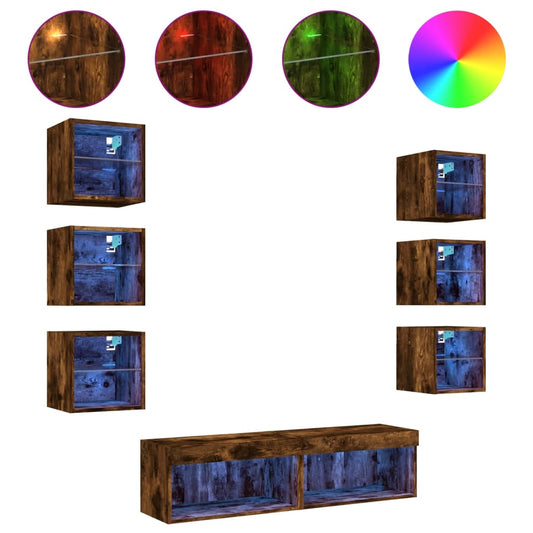 8 Piece TV Wall Units with LED Smoked Oak Engineered Wood 8 Piece TV Wall Units with LED Smoked Oak Engineered Wood