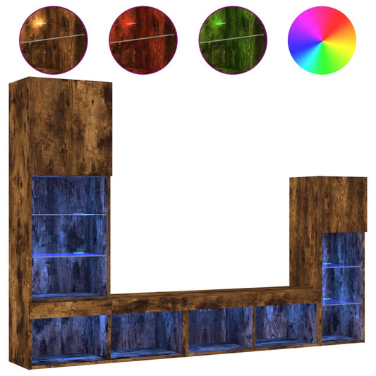 4 Piece TV Wall Units with LED Smoked Oak Engineered Wood 4 Piece TV Wall Units with LED Smoked Oak Engineered Wood