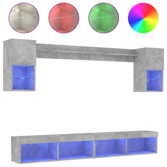6 Piece TV Wall Units with LED Concrete Grey Engineered Wood 6 Piece TV Wall Units with LED Concrete Grey Engineered Wood