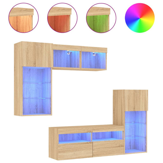 5 Piece TV Wall Units with LED Sonoma Oak Engineered Wood 5 Piece TV Wall Units with LED Sonoma Oak Engineered Wood