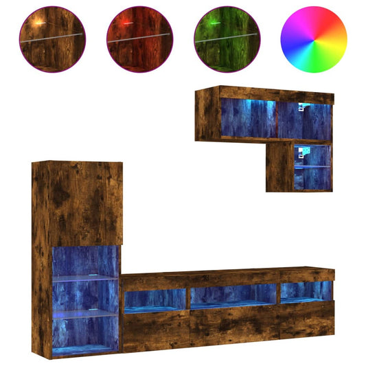 6 Piece TV Wall Units with LED Smoked Oak Engineered Wood 6 Piece TV Wall Units with LED Smoked Oak Engineered Wood