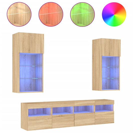 5 Piece TV Wall Units with LED Sonoma Oak Engineered Wood 5 Piece TV Wall Units with LED Sonoma Oak Engineered Wood