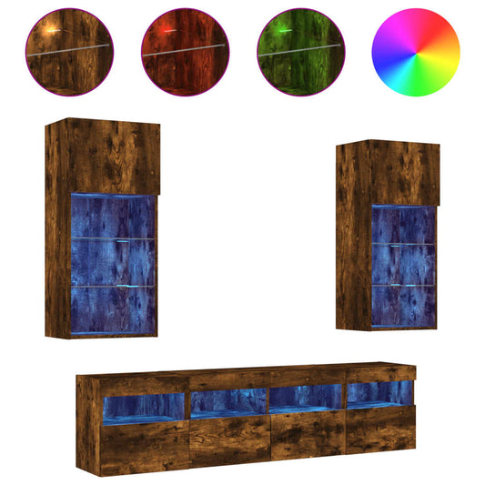 5 Piece TV Wall Units with LED Smoked Oak Engineered Wood 5 Piece TV Wall Units with LED Smoked Oak Engineered Wood