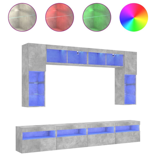 8 Piece TV Wall Cabinet Set with LED Lights Concrete Grey 8 Piece TV Wall Cabinet Set with LED Lights Concrete Grey